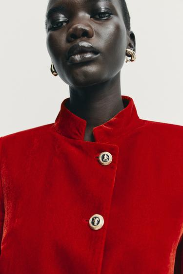 Zara VELVET DOUBLE BREASTED BLAZER - Red