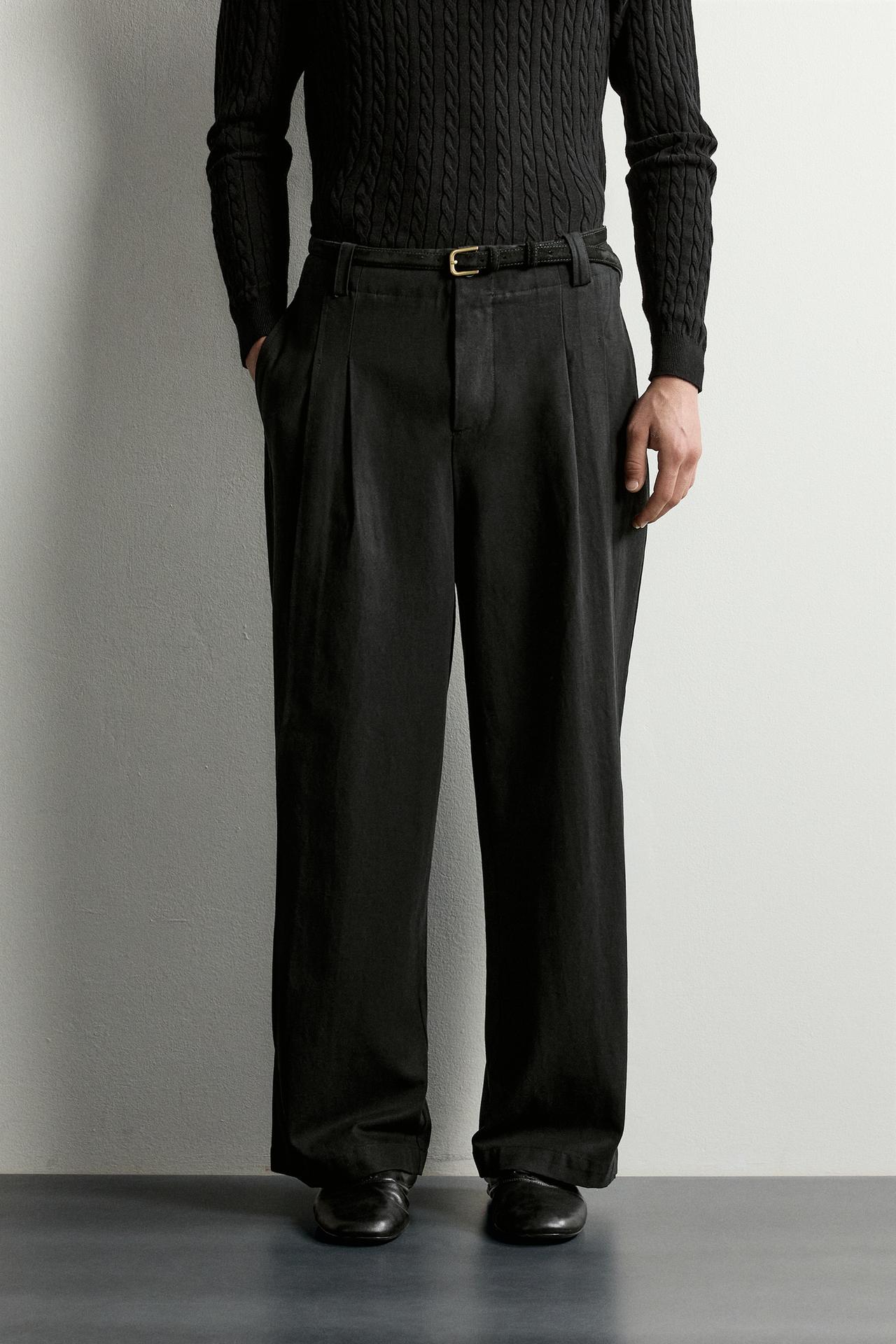 LYOCELL-COTTON PLEATED PANTS — Black