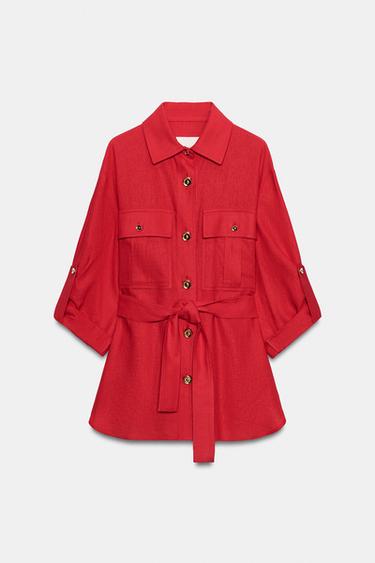LINEN BLEND SAFARI JACKET - Red by Zara