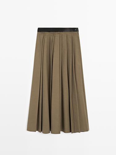 Jupe midi plissée taille contrastante - Vison de Zara