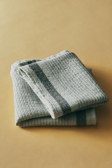 TORCHON WAFFLE À BANDE - Bleu d'eau de Zara