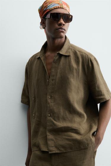 100% LINEN RELAXED FIT SHIRT - Dark khaki by Zara - Image 6