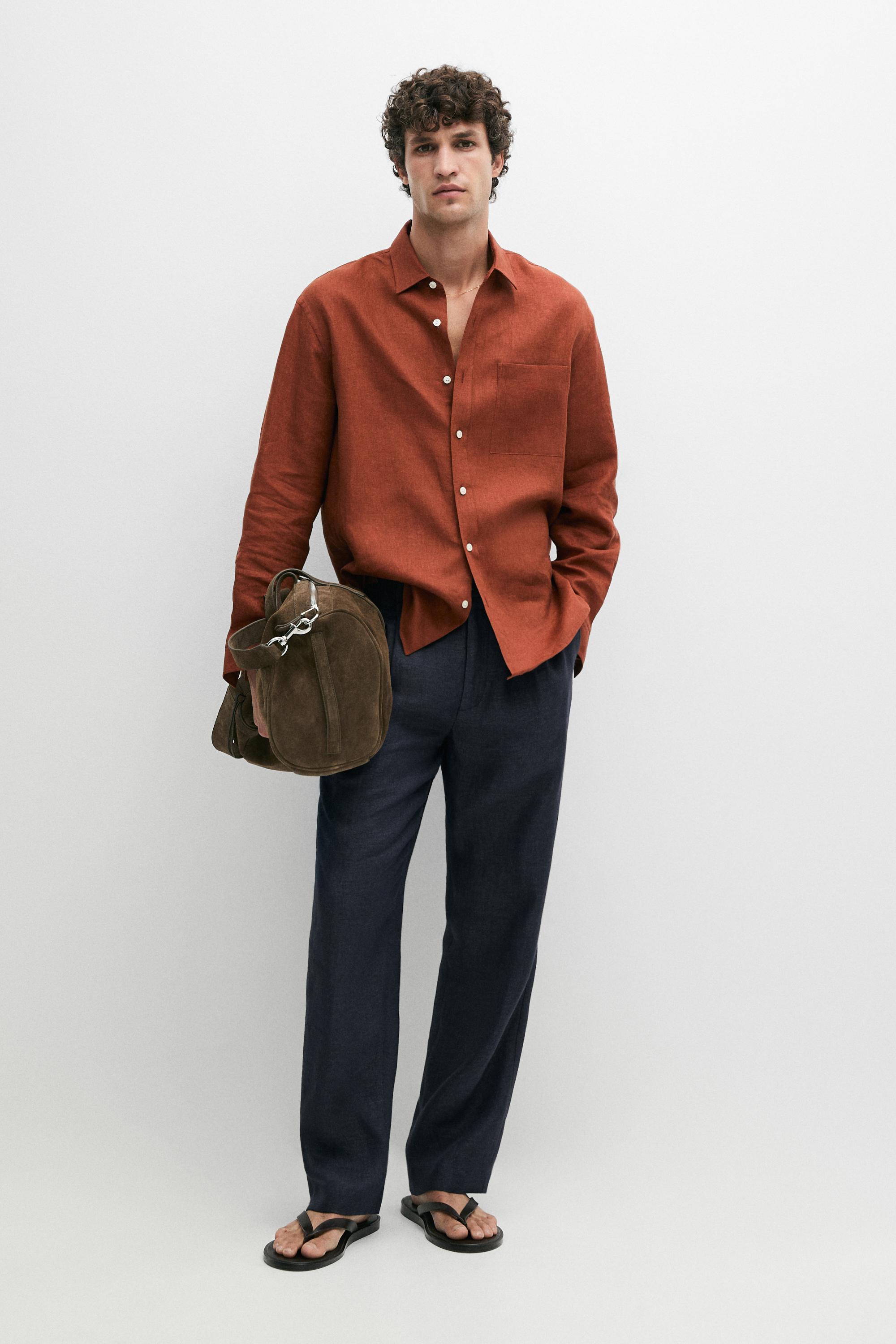 Regular fit 100% linen shirt with pocket detail