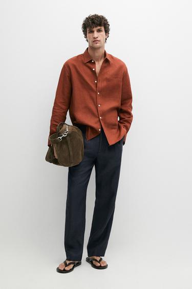 Zara Regular fit 100% linen shirt with pocket detail - Burnt orange - Image 0