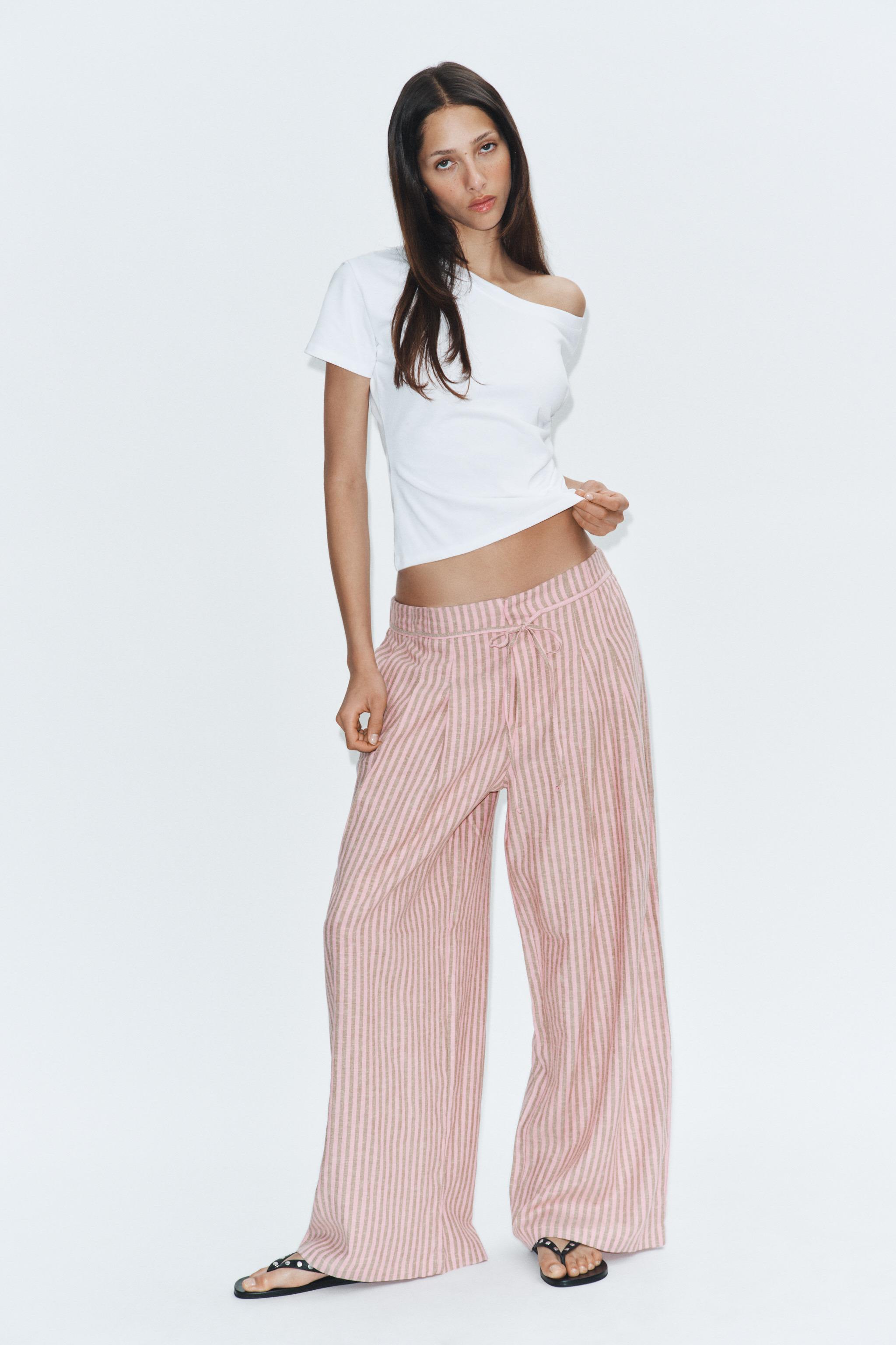 Женские брюки Zara STRIPED DRAWSTRING LINEN PANTS