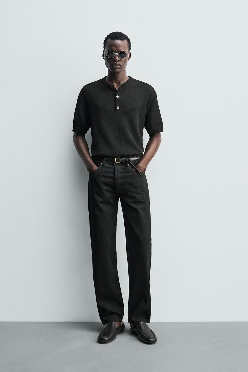 Zara - Knit Henley Shirt - Black - L - Man