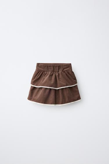 MICRO-CORDUROY RUFFLE SKIRT — Brown 2