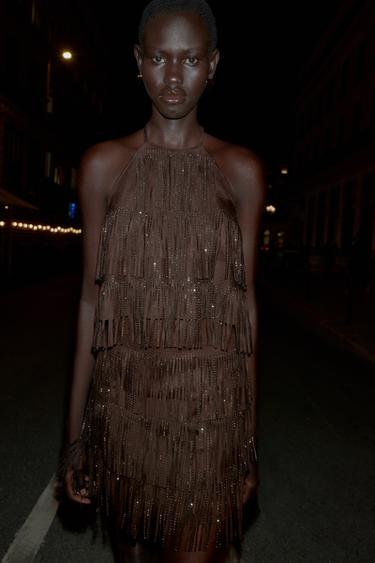 Zara SHIMMERING FAUX SUEDE FRINGE SKIRT - Brown