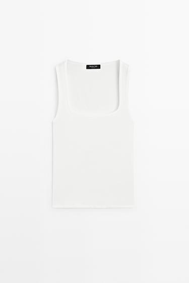 Zara Cotton blend square neck top - Oyster-white
