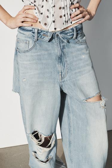 TRF FOLDED WAIST MID-WAIST JEANS - Light blue by Zara - Image 3