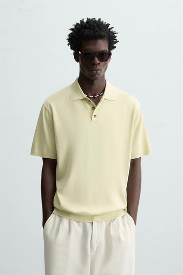 Zara WASHED COTTON KNIT POLO SHIRT - Lime green
