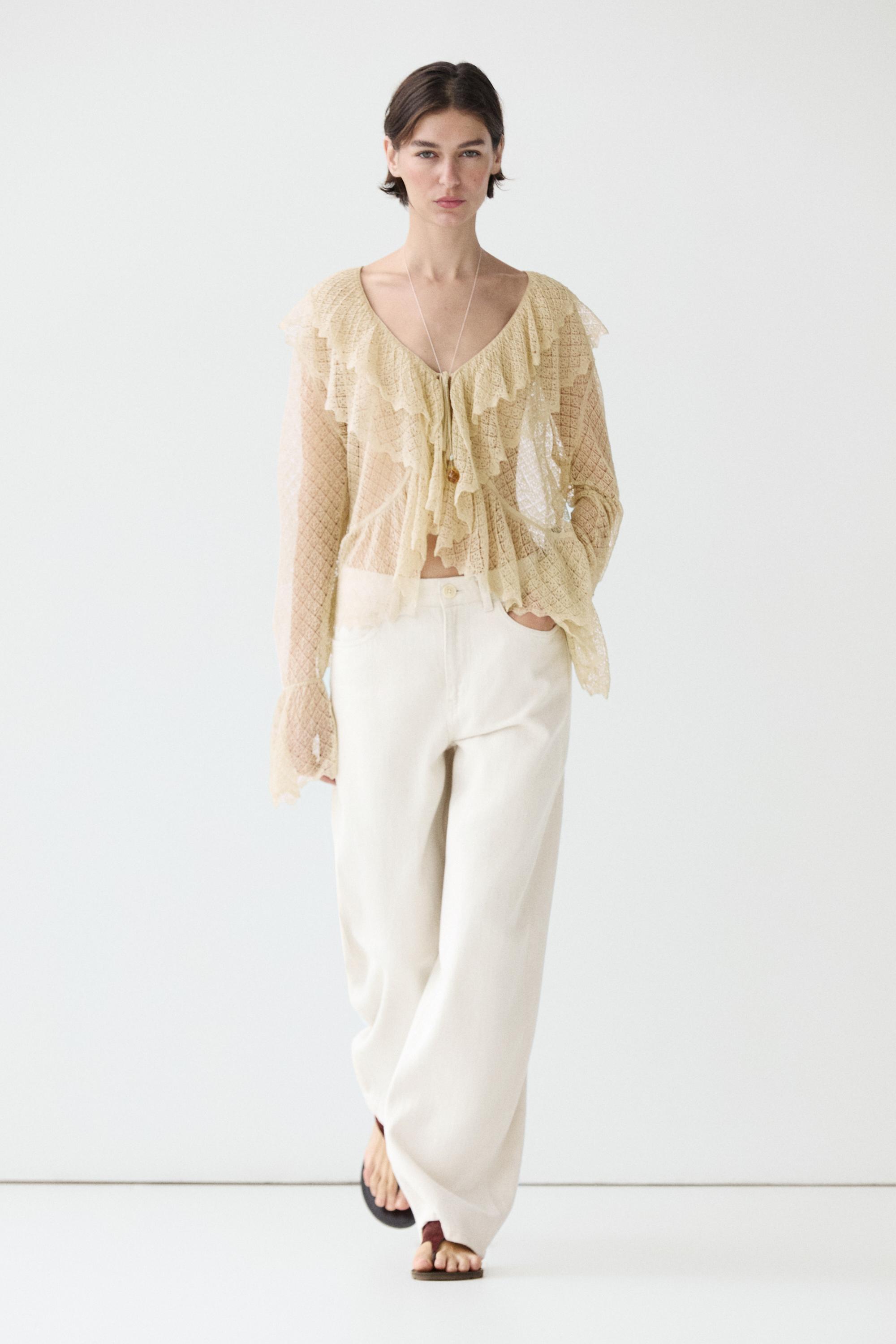 Linen blend cardigan with ruffle details