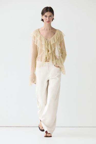 Zara Linen blend cardigan with ruffle details - Ecru