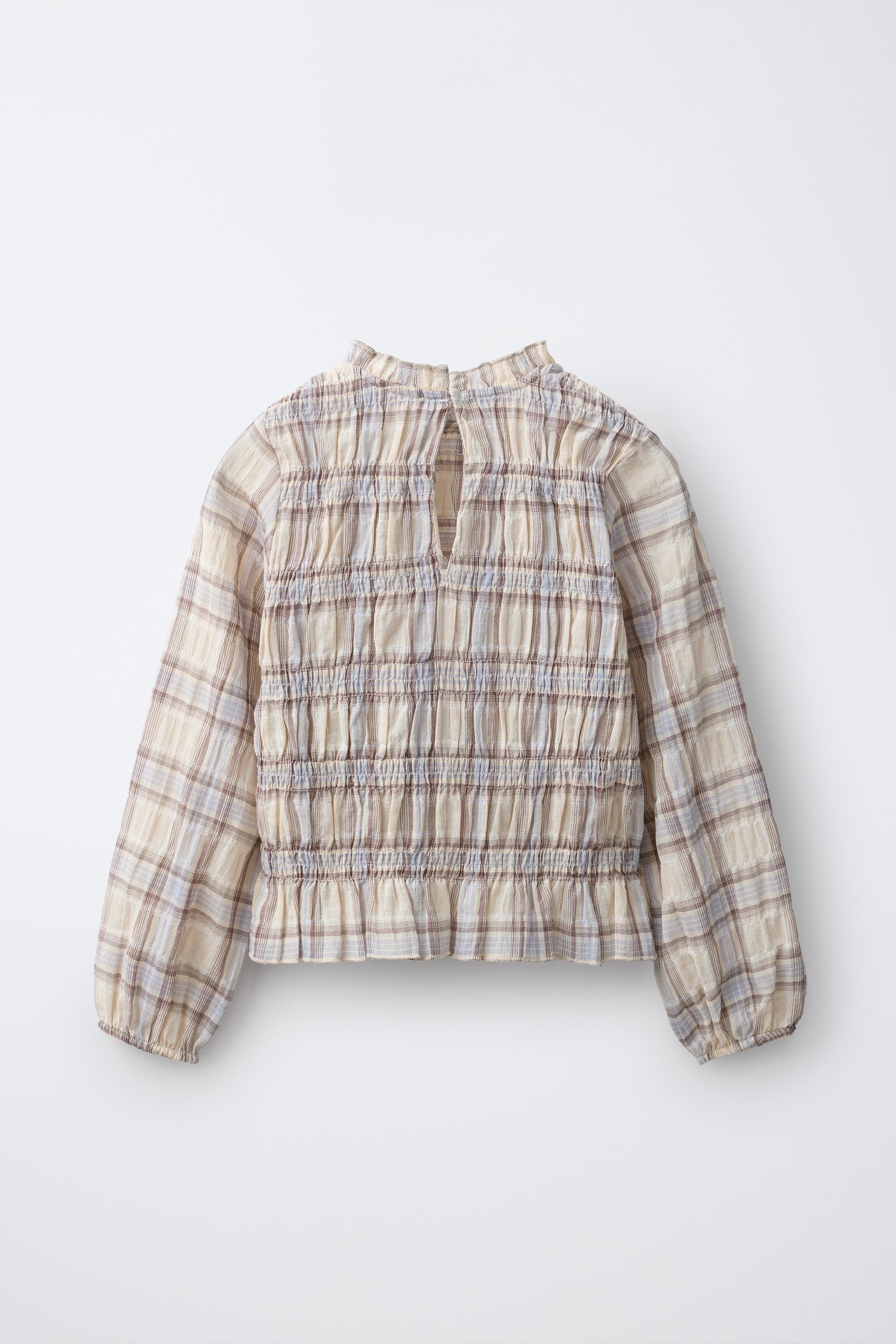 PLAID SHIRT WITH ELASTIC DETAIL — Light beige