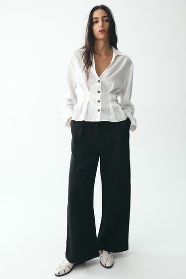 Zara STRIPED FITTED SHIRT - Ecru / Black
