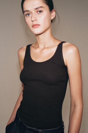 Zara RUSTIC RIB TOP - Chocolate