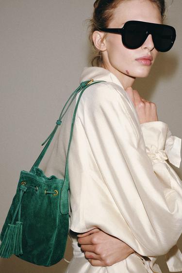 MINI GATHERED LEATHER CROSSBODY BAG - Green by Zara