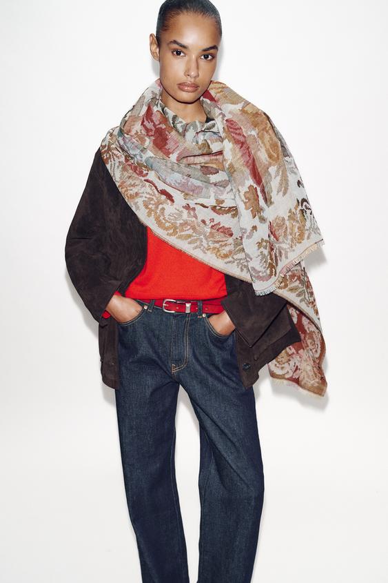 FLORAL PRINT JACQUARD WOOL BLEND SCARF