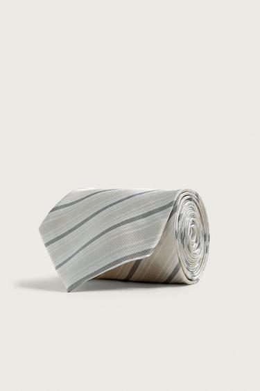 Zara 100% SILK STRIPED TIE - White / Gray