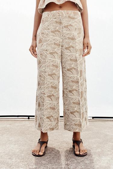 PANTALON JUPE-CULOTTE BRODÉ - Beige / Marron clair de Zara - Image 3
