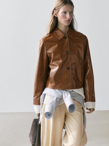 Zara Cropped nappa leather jacket - Dark mink