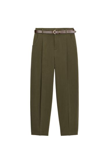 CROPPED TROUSERS WITH DARTS AND BELT - Khaki by Zara