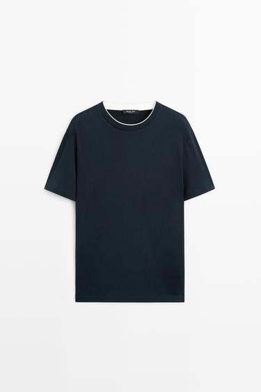 Zara 100% cotton layered collar T-shirt - Navy blue