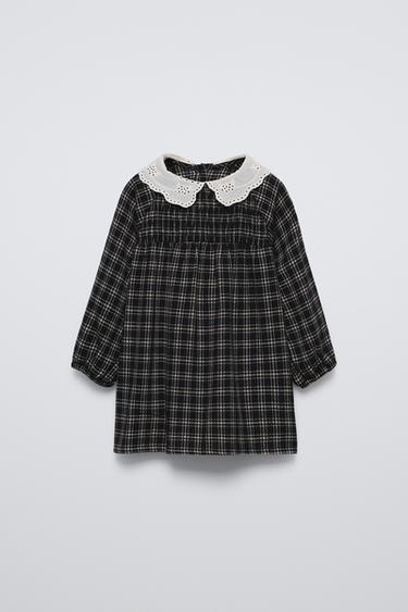 CHECKED DRESS WITH EMBROIDERED COLLAR - Grey by Zara