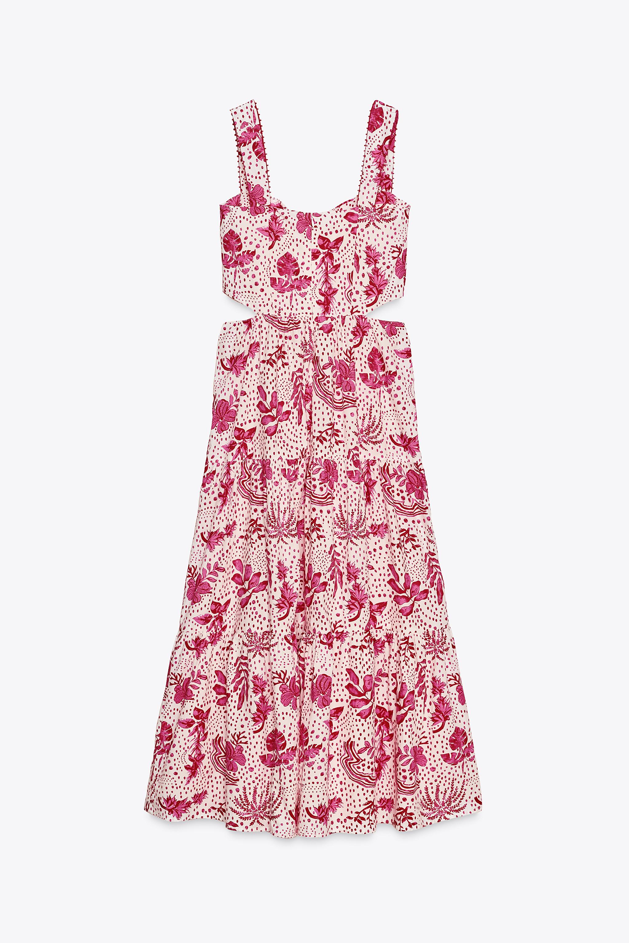 ZARA カットアウトディテール入りプリント柄ミディ丈ワンピース ZARA - ZARA カットアウトディテール入りミディ丈ワンピース L