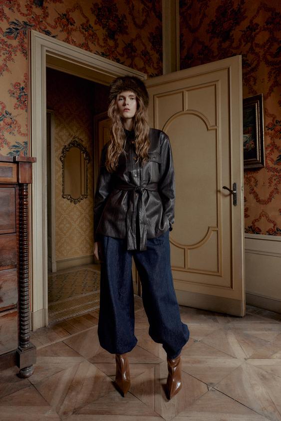 FAUX LEATHER LONG BELTED JACKET