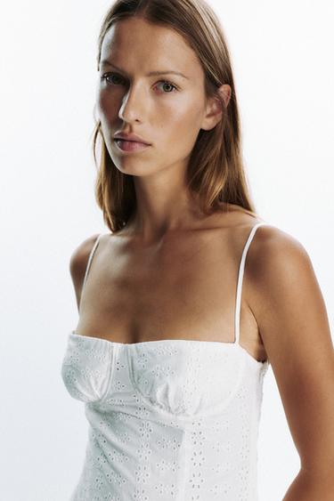 Zara EMBROIDERED EYELET CORSET MIDI DRESS - White