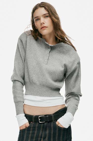 SHOULDER PAD KNIT SWEATER — Gray 2