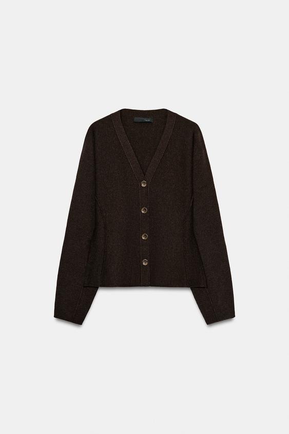 CHAQUETA PUNTO ESCOTE PICO - Marrón de Zara - Imagen 0