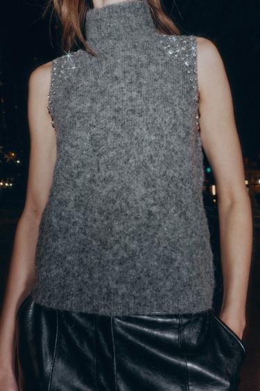 WOOL BLEND TOP WITH RHINESTONE BEADS - Anthracite grey by Zara