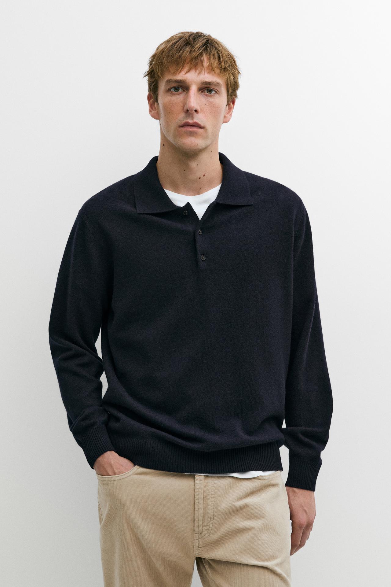 Wool blend polo sweater — Navy marl