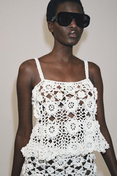 CROCHET KNIT FLORAL TOP - White by Zara