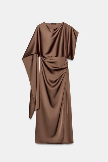 فستان ميدي ساتاني بطبقة - كراميل الخاص بـ Zara