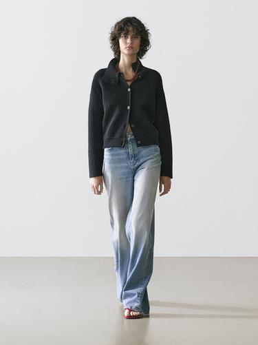 Cárdigan punto cuello alto algodón - Marino de Zara