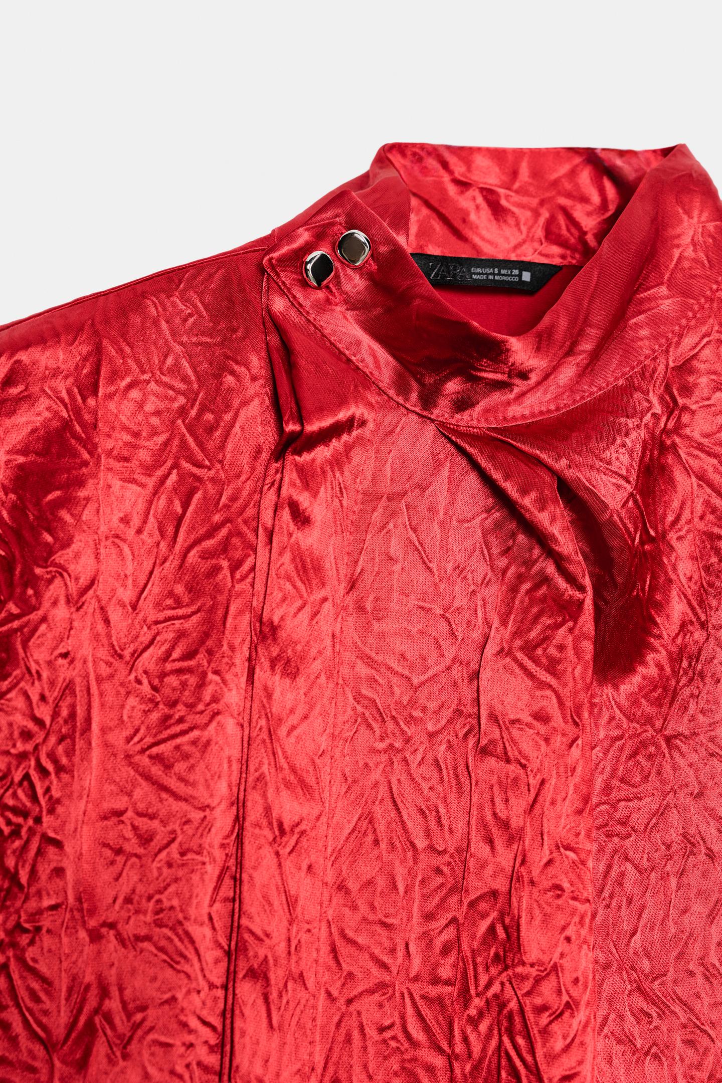 Женский топ Zara Crinkled Satin-Effect Top, цвет: Красный — фото 8
