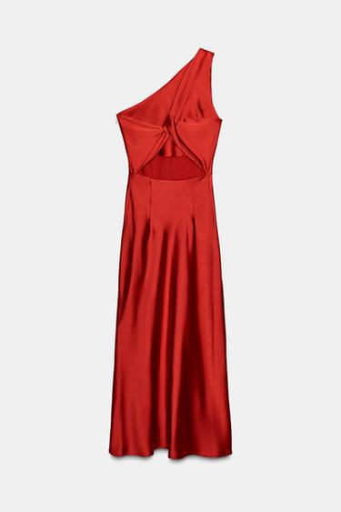Zara ASYMMETRIC SATIN MIDI DRESS - Red