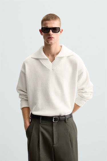 Zara COTTON BLEND KNIT POLO - Ecru