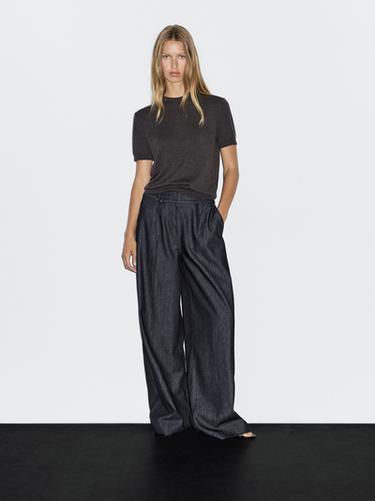 Jeans wide leg tiro alto con cinturón - Azul de Zara