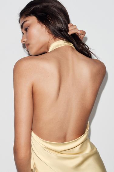 Zara SATIN HALTER TOP - Light yellow