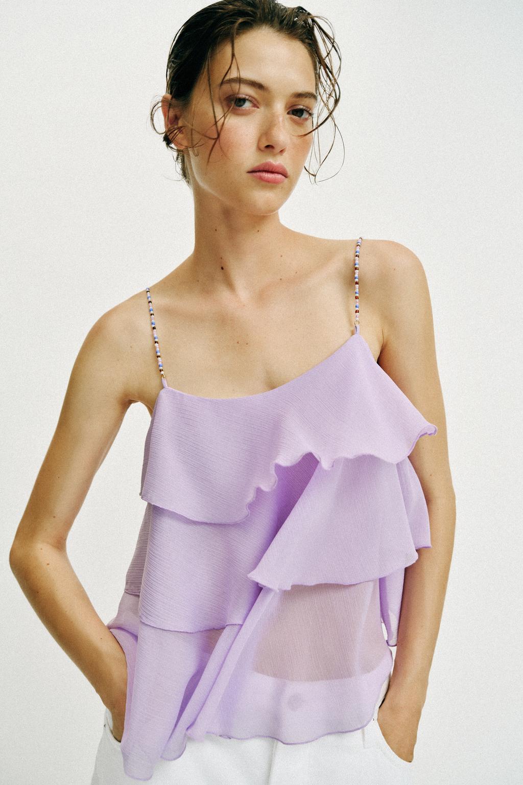 BEADED RUFFLE STRAP TOP