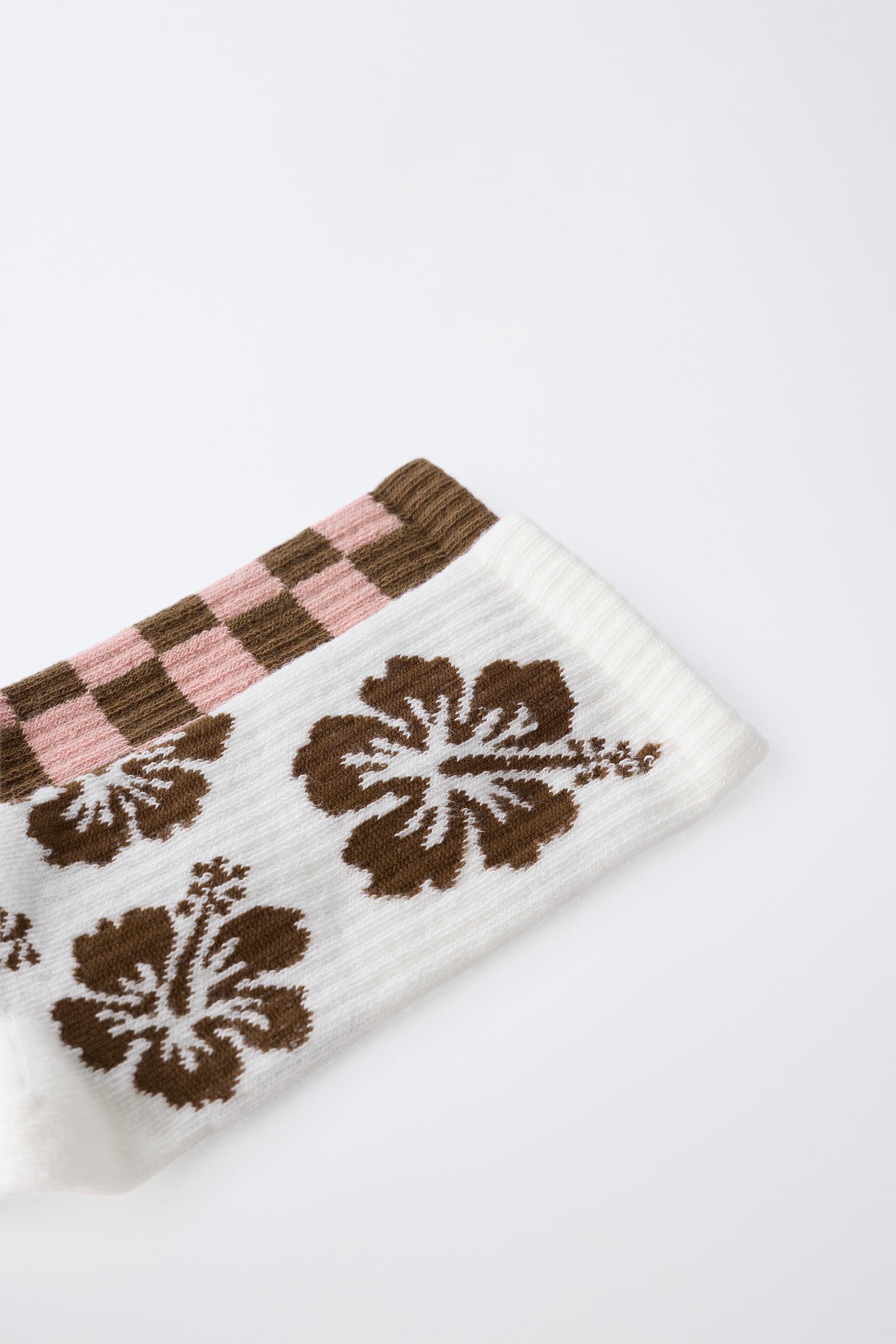 TWO-PACK OF HIBISCUS AND CHECKERED MID-CALF SOCKS — Brown