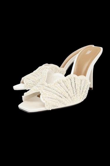 Zara BACKLESS PEARL HEELED SANDALS - White
