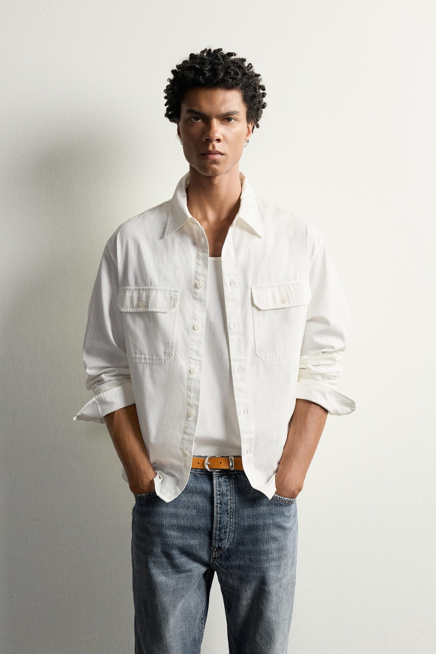 Мужская рубашка Zara Relaxed Fit Pocket, цвет: Белый — фото 2