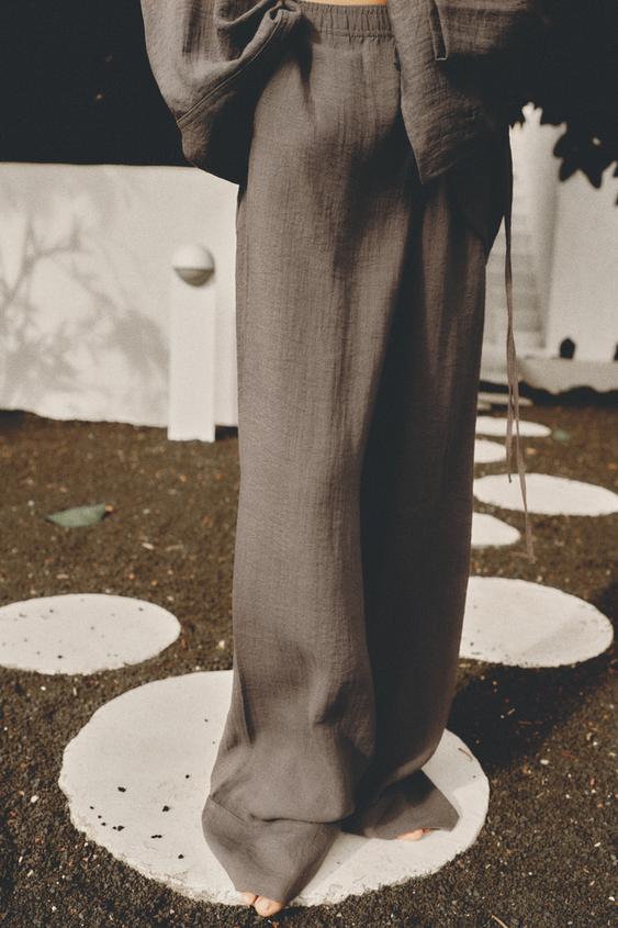 Zara Check Pants Side Stripe Wide Leg High Rise Grey Plaid Trousers Medium M