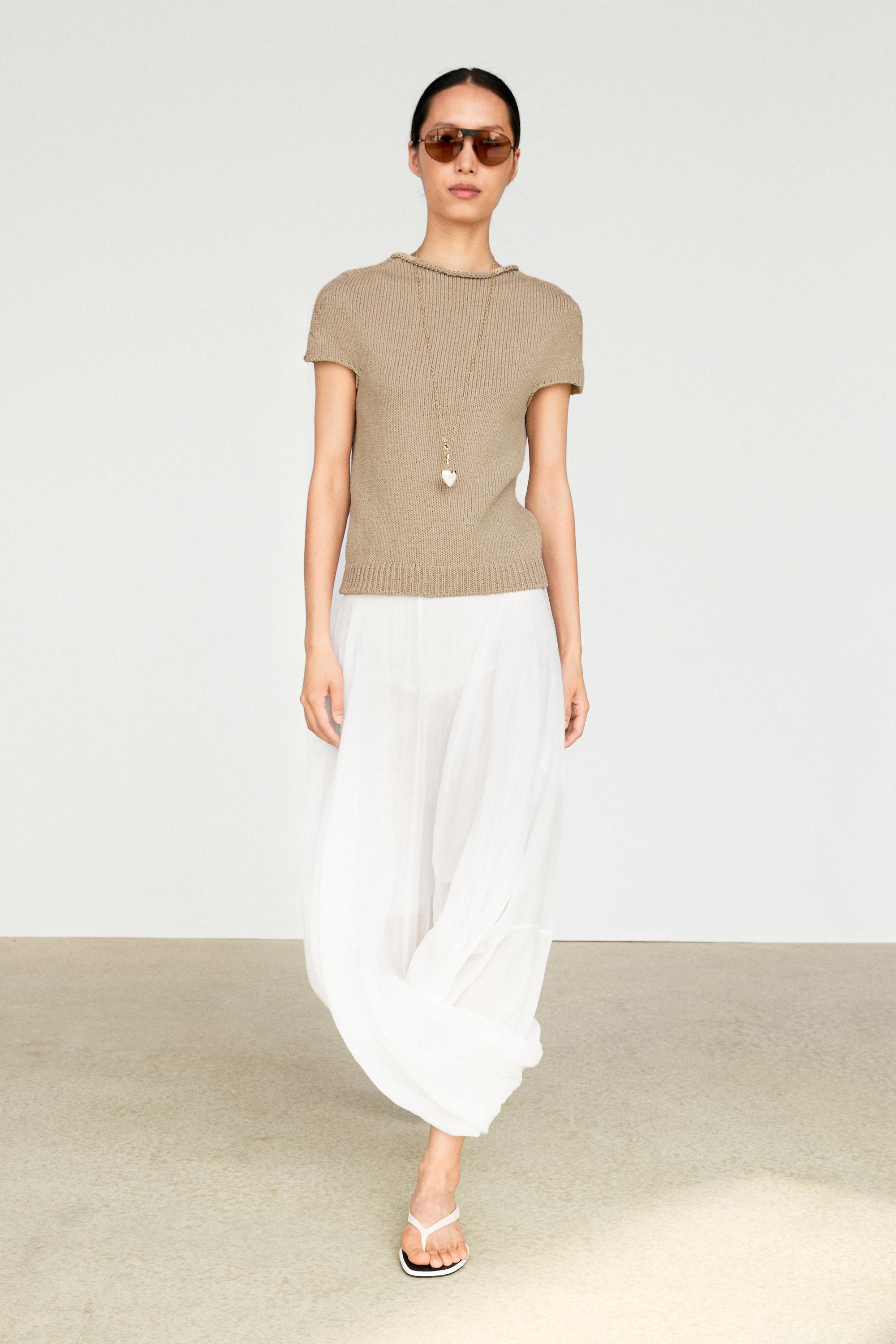 Cotton blend short sleeve roll neck sweater