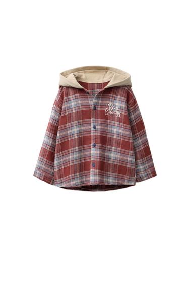 SOBRECAMISA CUADROS CAPUCHA FELPA CONTRASTE - Granate de Zara - Imagen 0